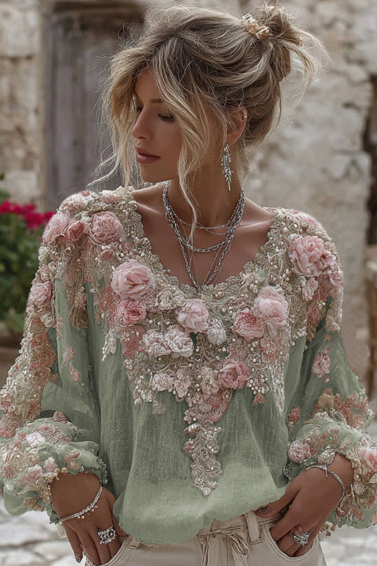 Women's Vintage Pink Rose Embroidery Art Round Neck Linen Blend T-shirt