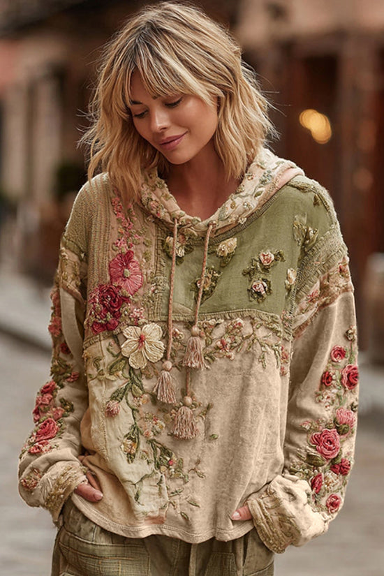 Women's Floral Embroidery Color Block Boho Casual Hooded Sweatshirt