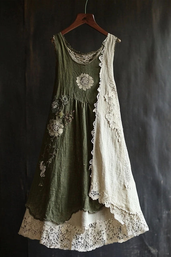 Vintage Floral Lace Patchwork Comfy Linen Tank Dress