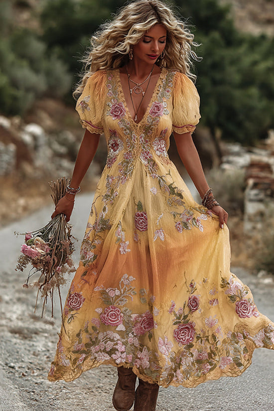 Women's Vintage Rose Embroidery Art Comfy Linen Maxi Dress