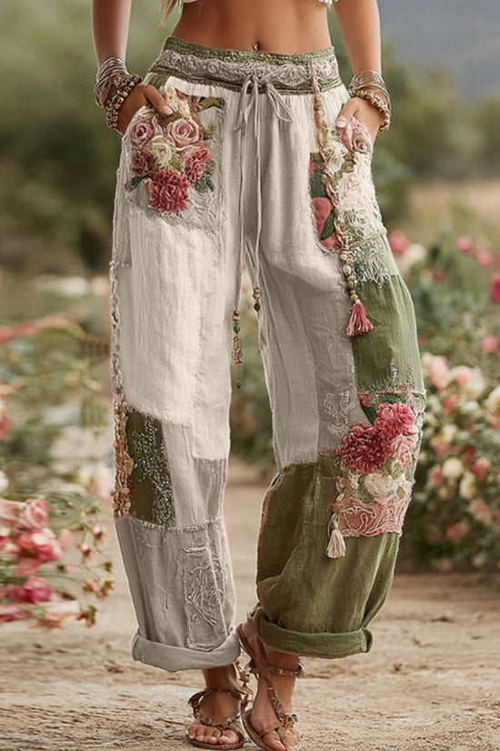 Love & Health Collection Retro Rose And Floral Patchwork Art Linen Pants