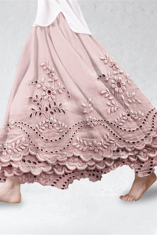 Cottage Floral Embroidered Lace Hem Linen Blend Flowy Skirt