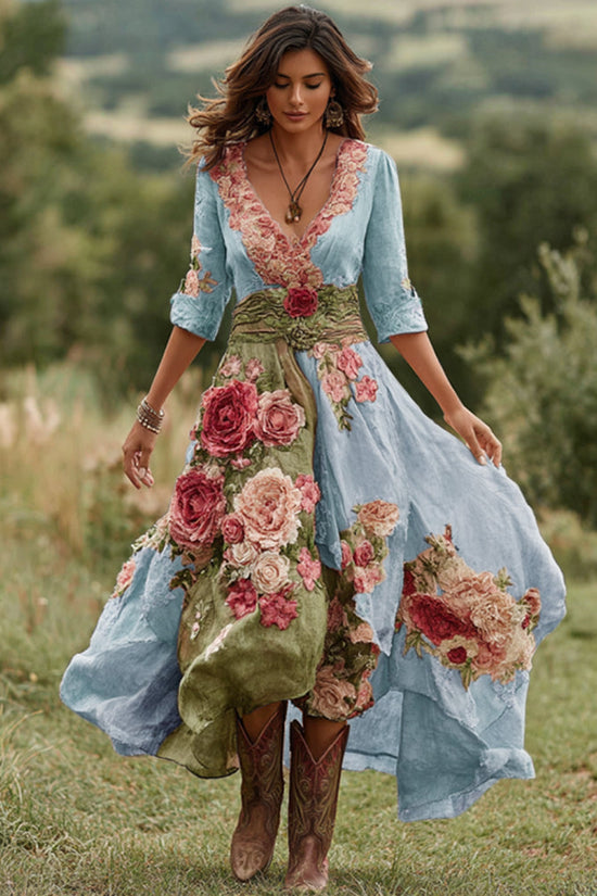 Women's Vintage Floral Art V Neck Linen Blend Maxi Dress