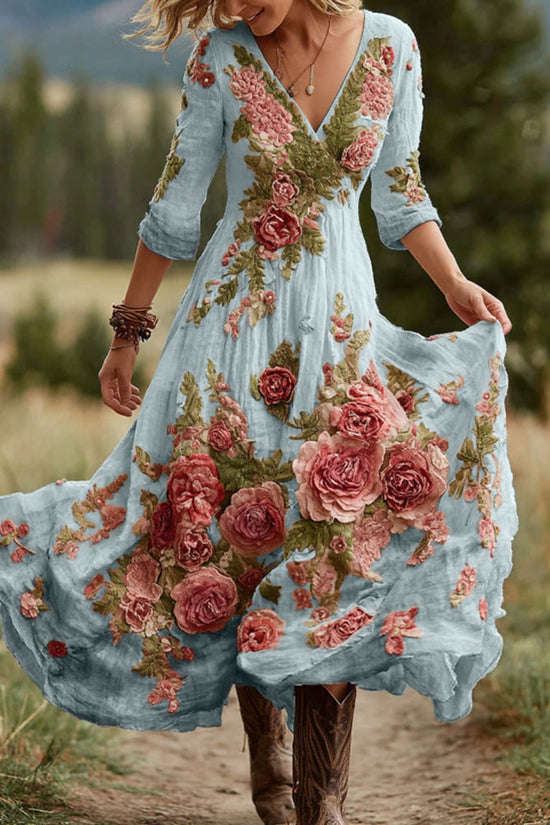Women's Vintage Rose Floral Art V Neck Linen Blend Comfy Maxi Dress