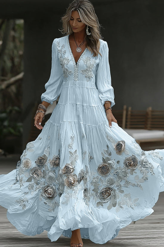 Women's Vintage Rose Embroidery Art V-neck Casual Long Sleeve Maxi Dress