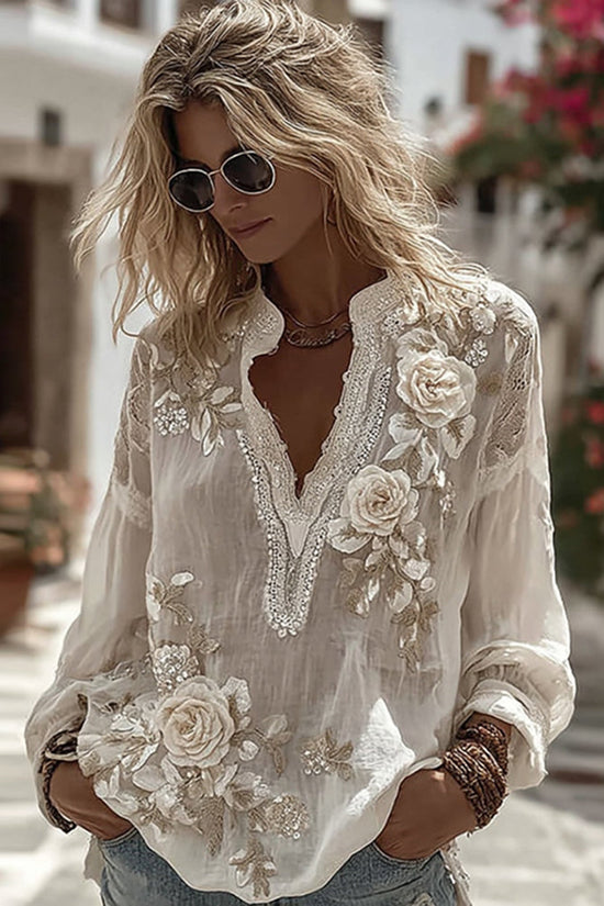 Women's Vintage Floral Embroidery Art Comfy Linen Shirts
