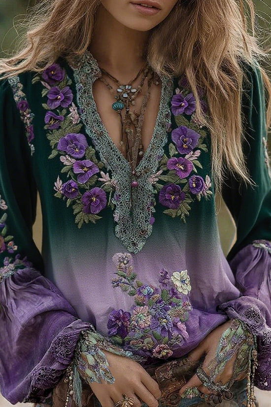 Vintage Classy Gradient Purple Pansy Embroidered Art Linen Long Sleeve Blouse
