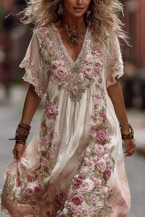 Women's Vintage Rose Embroidery Gradient Pink Art Comfy Linen Maxi Dress