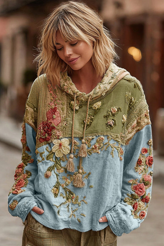 Women's Floral Embroidery Color Block Boho Casual Hooded Sweatshirt