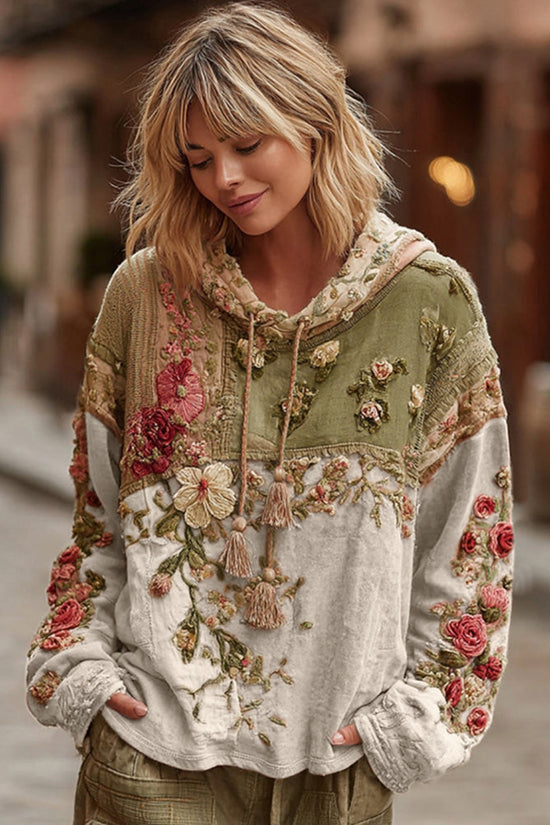 Women's Floral Embroidery Color Block Boho Casual Hooded Sweatshirt