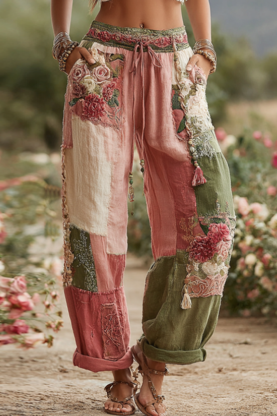 Love & Health Collection Retro Rose And Floral Patchwork Art Linen Pants