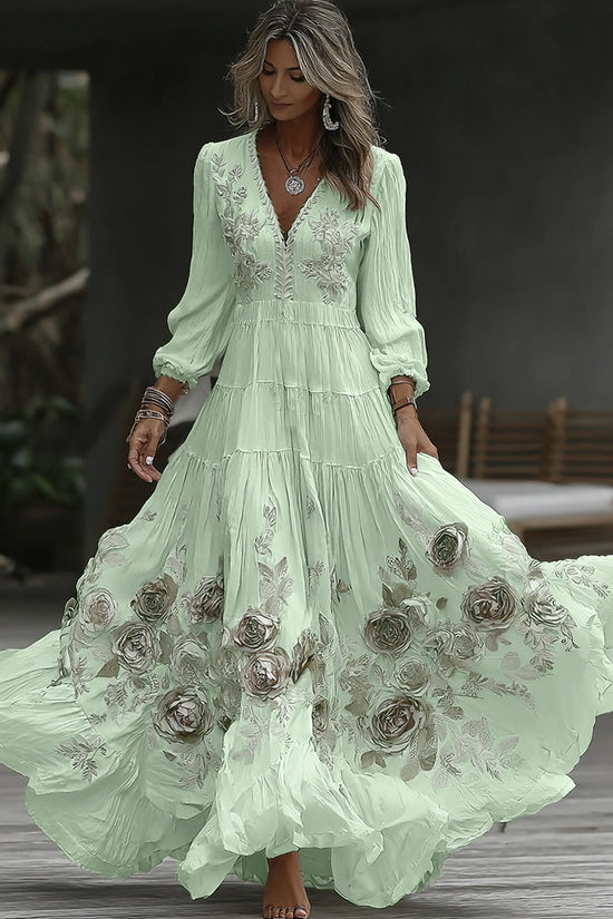 Women's Vintage Rose Embroidery Art V-neck Casual Long Sleeve Maxi Dress