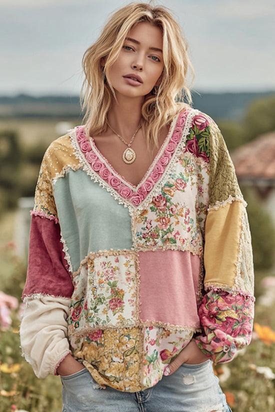 Women's Vintage Floral Patchwork Art Cozy Warm Sweatshirt