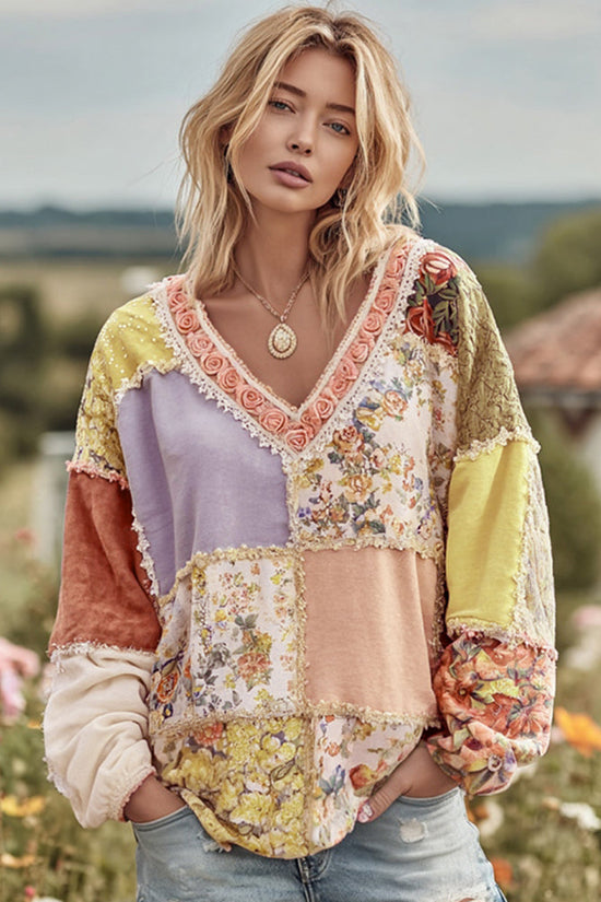 Women's Vintage Floral Patchwork Art Cozy Warm Sweatshirt