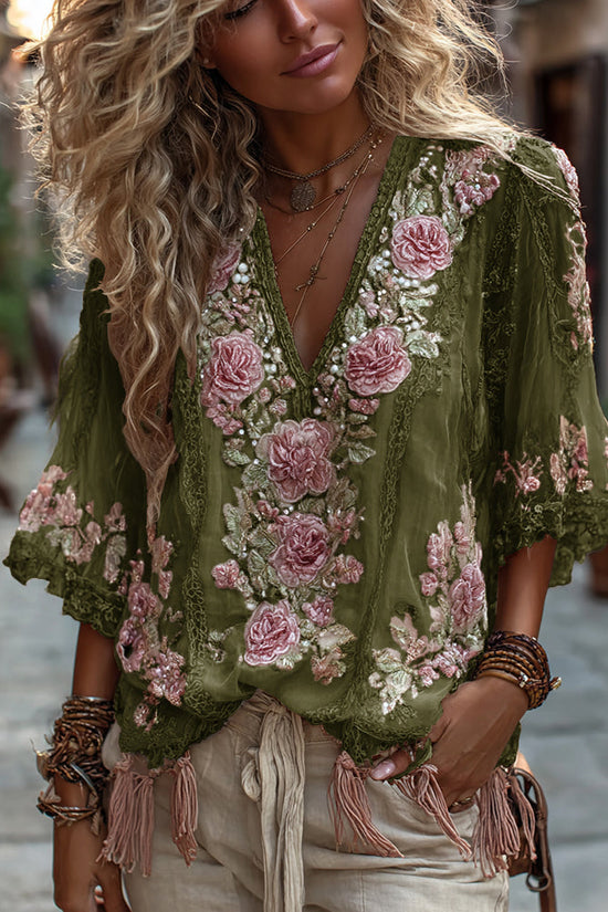 Women's Vintage Rose Embroidery Art Comfy Linen Shirts