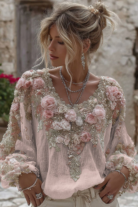 Women's Vintage Pink Rose Embroidery Art Round Neck Linen Blend T-shirt