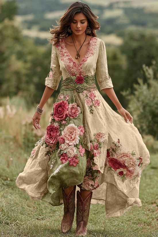 Women's Vintage Floral Art V Neck Linen Blend Maxi Dress