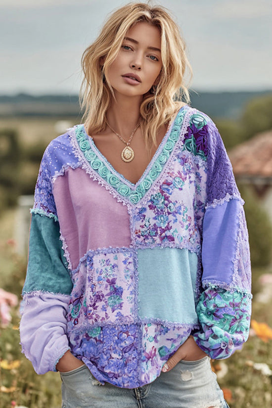 Women's Vintage Floral Patchwork Art Cozy Warm Sweatshirt