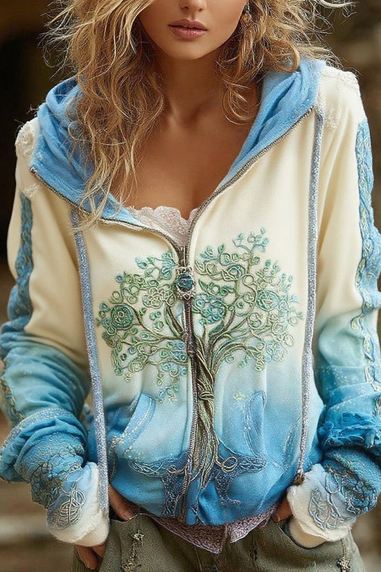 Women's Vintage Viking Tree Of Life Cozy Warm Zip Hoodie Cardigan