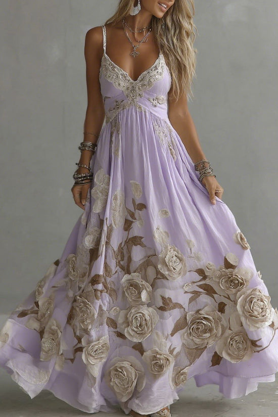 Women's Vintage Rose Embroidery Art V-neck Suspender Maxi Dress