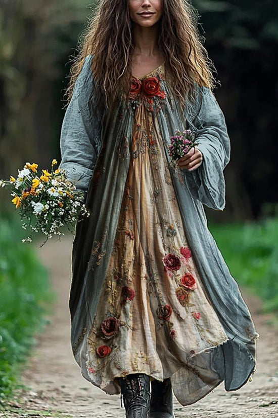 Vintage Roses Floral Flowy Linen Blend Maxi Dress