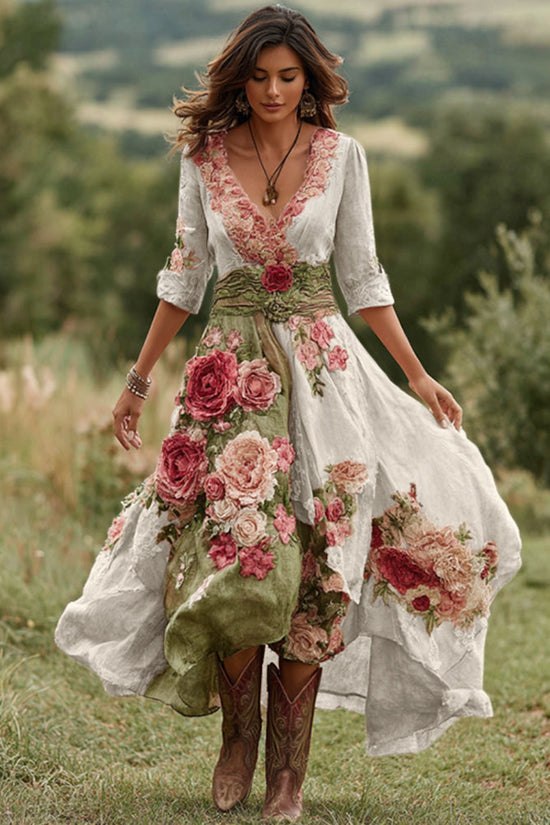 Women's Vintage Floral Art V Neck Linen Blend Maxi Dress