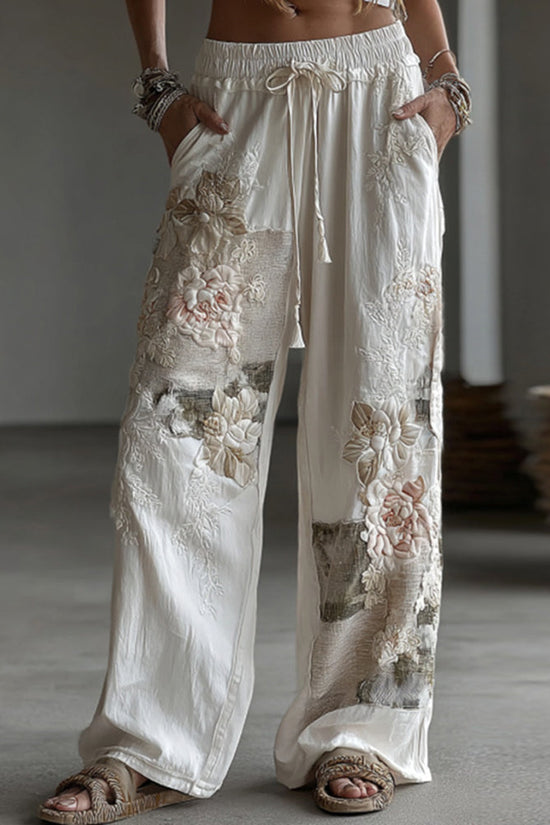 Women's Retro Floral Patchwork Art Casual Linen Pants