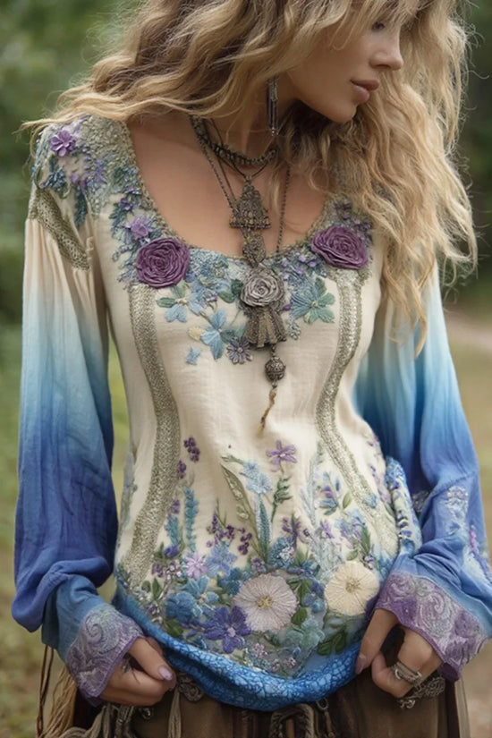 Classy Gradient Purple Lavender And Floral Embroidered Linen Long Sleeve Shirt