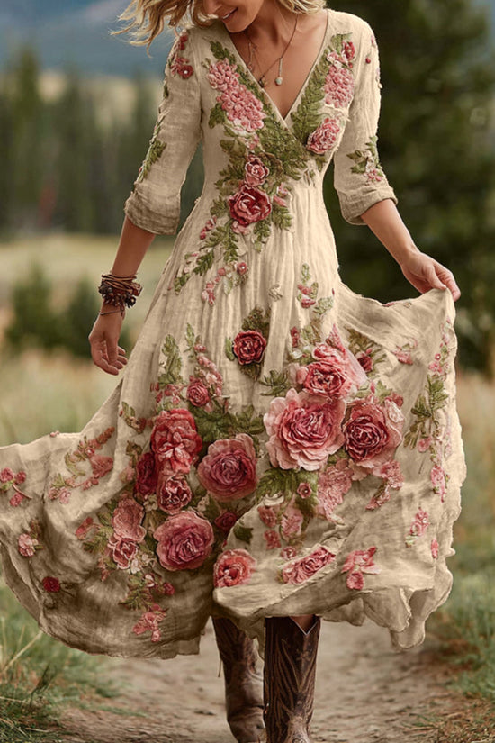 Women's Vintage Rose Floral Art V Neck Linen Blend Comfy Maxi Dress