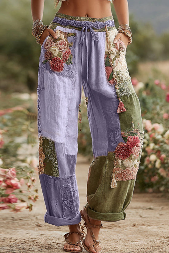 Love & Health Collection Retro Rose And Floral Patchwork Art Linen Pants