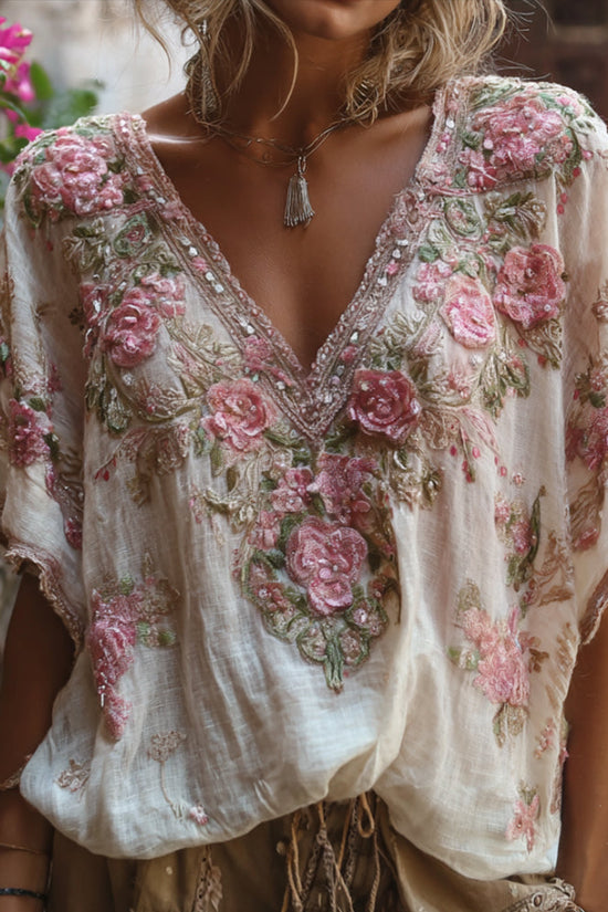 Bohemian-style Pink Floral Embroidery V-neck Short-sleeved Shirt With Sequins