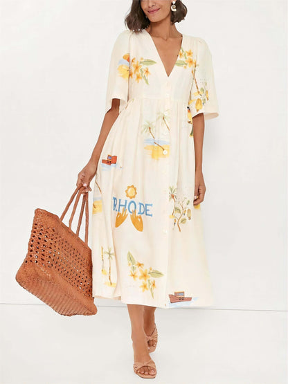 Einzigartiges Urlaubs-Midikleid mit Blumenmuster und Puffärmeln