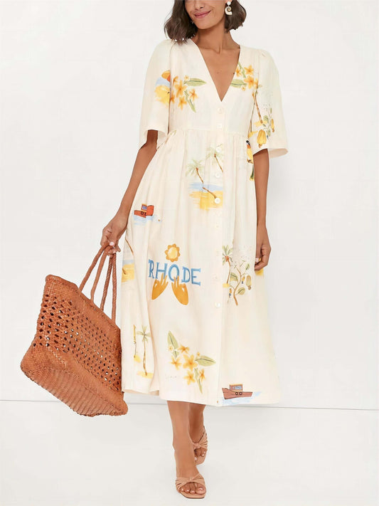 Einzigartiges Urlaubs-Midikleid mit Blumenmuster und Puffärmeln
